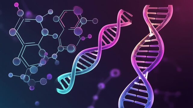 Molecular Structures and DNA Double Helix with Pink and Blue Gradient Lighting molecule