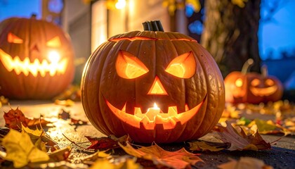 Spooky Jack-o-Lanterns Glowing on Halloween Night with Autumn Leaves.