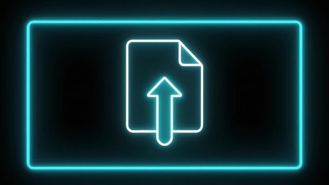 White upload icon with cyan neon border on black background file document