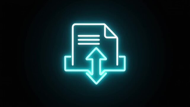 Cyan neon upload and download icon on black background file document
