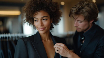 A stylist fitting clothing on a client, adjusting silhouettes and pinning fabric to recommend tailoring for a polished appearance. cinematic color correction, natural uneven lighting yet gentle