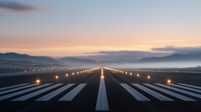 An empty airport runway at dawn with centerline lights fading into morning fog, capturing calm anticipation before the first departures of the day. cinematic color correction, natural uneven