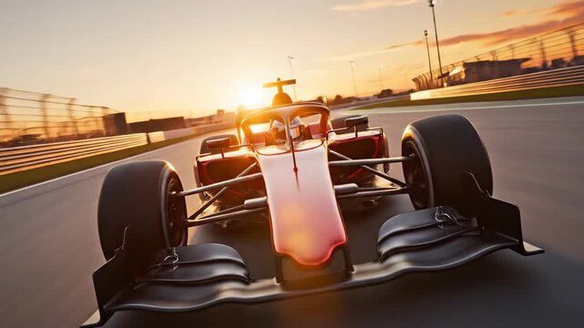 A dramatic, low-angle shot captures an open-wheel race car speeding down the track during a golden sunset.