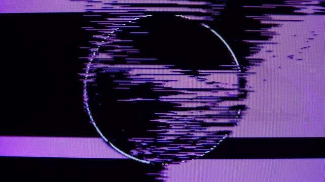 Abstract glitch animation with dark circular shape and horizontal distortion on purple background. Loopable video background inspired by retro futuristic design, synthwave aesthetics, and corrupted.