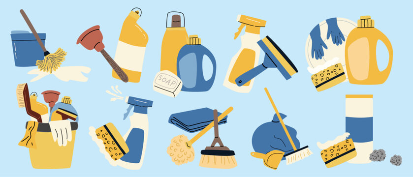 Cleaning tools mop, detergent, duster set. Vector illustration in cartoon flat style. House Equpment for clean home, laundry items. Housework elements set, cleaning supplies collection