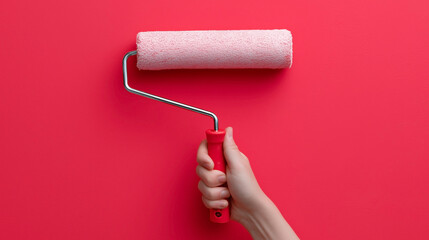 A person holding a paint roller with a red handle