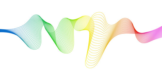 Abstract flowing wavy lines with rainbow gradient color. Digital frequency track and voice equalizer. Stylish Vector background.