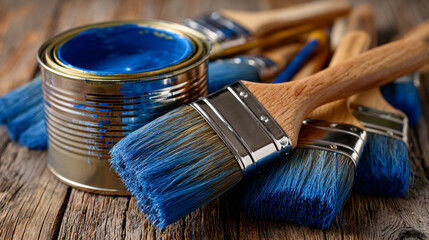 Blue-handled paintbrushes resting on a paint can lid, highlighting wood surface protection for a wooden house, set against a wooden floor background for DIY and home improvement visuals