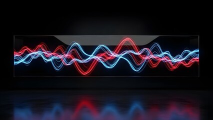 Vibrant red and blue waveform pattern on dark background with reflection