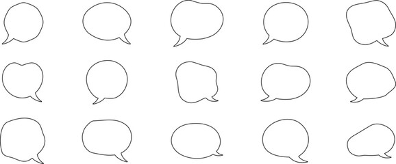 Set of outlined speech bubble icons on a white background. Simple clean line dialog shapes represent communication and conversation concepts. Ideal for chat apps, comics, infographics, and modern 