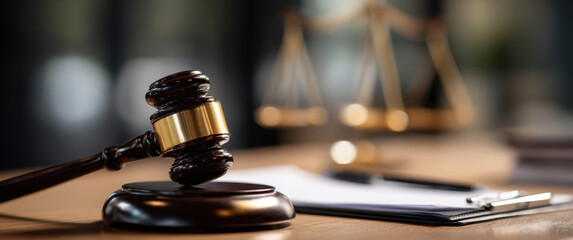 close-up of a judge's gavel resting on a wooden desk, with legal documents and blurred golden scales of justice in the background, symbolizing law and authority