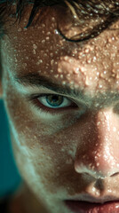 close-up portrait of a determined face covered in sweat, highlighting piercing eyes and textured skin, evoking raw energy, focus, and physical exertion