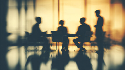 Blurred photo of corporate team collaborating in a conference room, sharing ideas and planning business strategy, representing teamwork, brainstorming, and corporate synergy