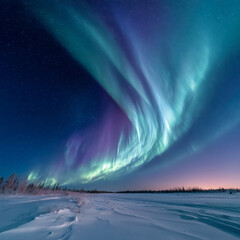 northern lights ripple across a starry sky in shades of green and violet above a vast snow-covered landscape at twilight, creating a magical winter scene