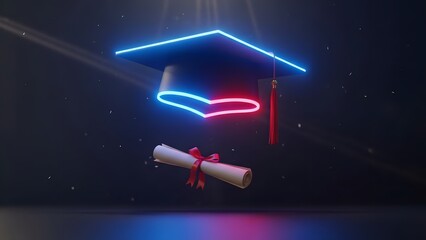 Graduation cap and diploma floating in neon lit darkness symbolizing academic achievement