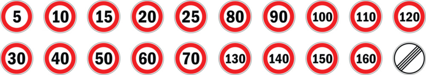 Set of speed limit signs. Road speed from 5-160kmh and no speed limit. Generic speed limit sign with red circle and black number. Road signs with speed limit warnings. Depicting speed limits ranging