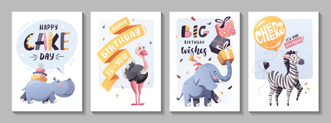 Fototapeta premium Set of Birthday greeting card with cute jungle animals. Hippopotamus, elephant, zebra, ostrich, cake, gifts, balloon. Vector illustration.