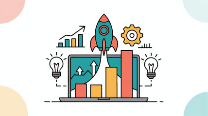 Laptop with rocket and business growth charts on screen symbolizing success