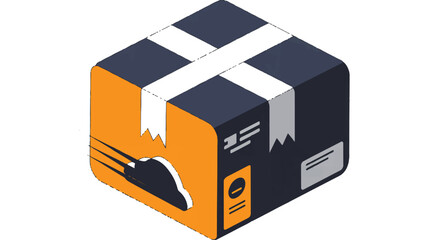 Isometric view of a closed parcel package with tape and labels