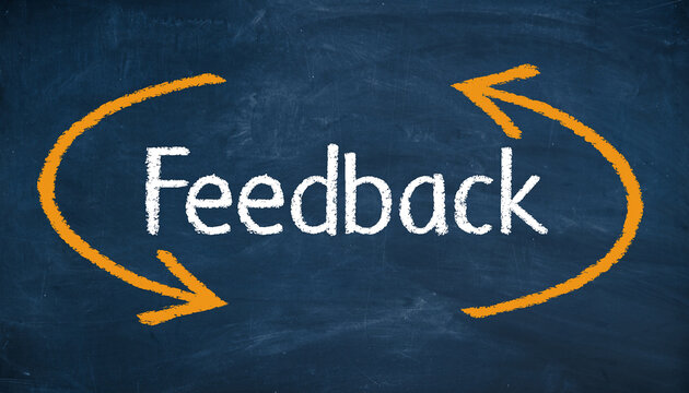Dark blue chalkboard with white feedback and yellow circular arrows white text yellow arrows