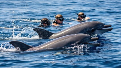 Fototapeta premium People swimming with dolphins in clear blue water — unforgettable wildlife encounter and ocean adventure