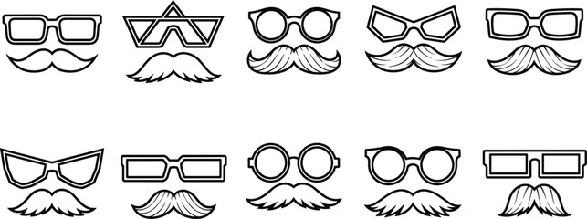 Set of Minimalist Black and White Hipster Glasses and Mustache Icons for Gentlemens Fashion Style Barber Shop Branding and Retro Character Design