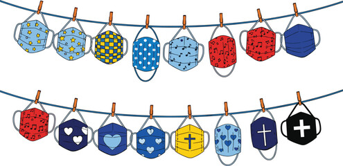 Colorful reusable face masks hanging on laundry line illustration representing pandemic safety healthcare hygiene protection concept on white background