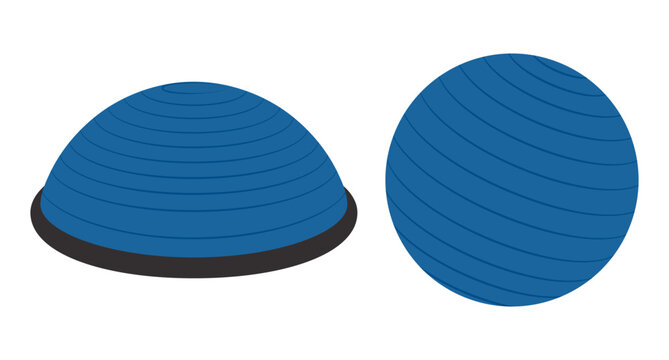 Fitness ball and half ball balance trainer for strength and stability exercises in blue colours. Sport equipment for home and gym training. Flat vector illustration isolated on a white background.