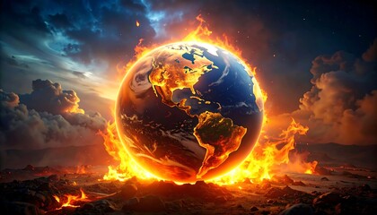 Planet Earth engulfed in flames, symbolizing global warming and environmental crisis.
