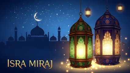 Obraz premium Celebrating Isra Miraj with lanterns and mosques under a starry night sky