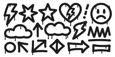 A collection of hand drawn black and white graffiti style doodles and symbols