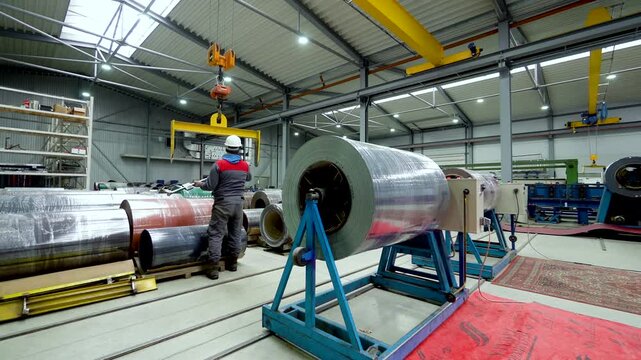 Roof sheet factory. Steel roofing forming machine. Industrial machine for metal sheet roof coils cut.