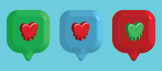 Colorful speech bubbles with hearts dripping from within the shapes