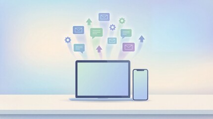 A laptop and smartphone on a desk with various communication icons floating above them