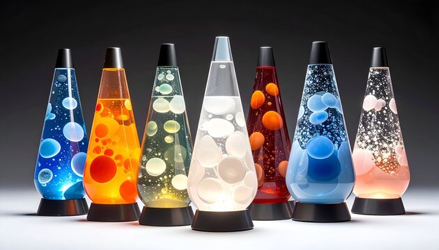 Colorful lava lamps displayed against a dark background with various liquids