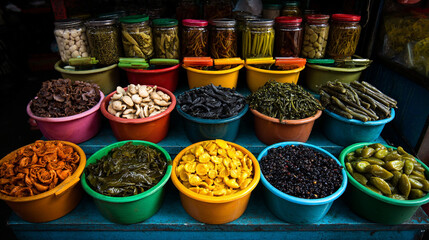 Bright assortment of pickled vegetables, mushrooms, and seaweed in colorful containers at a lively food market stall, showcasing freshness, variety, and culinary appeal