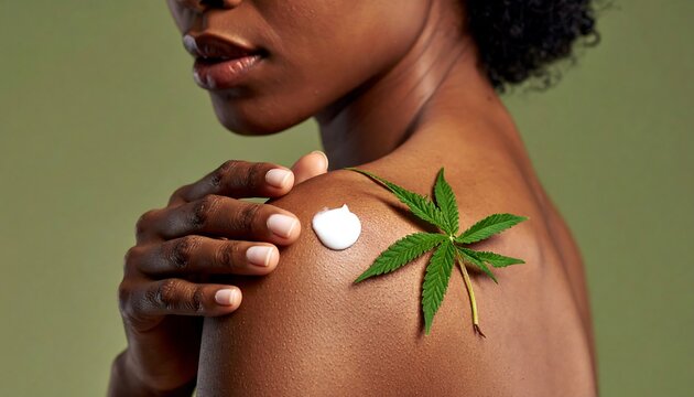 Close-up of a womans shoulder with a cannabis leaf and cream.