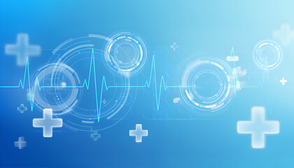 Dynamic abstract medical technology background with digital health data visualization and futuristic interface elements, representing innovation and progress in healthcare and scientific research