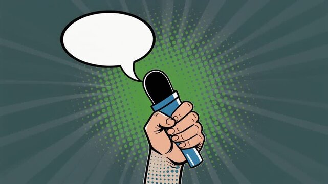 Hand Holding Modern Microphone with Empty Speech Bubble in Pop Art Style image photo