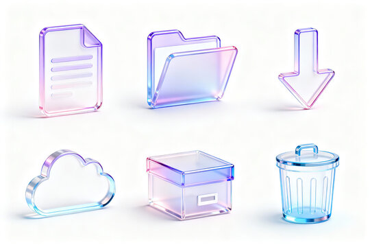 3d rendered icon set of file folder download cloud box trash abstract glossy glass shapes