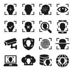 Facial recognition icons set featuring profiles, scanners, and security elements