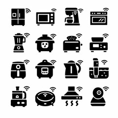 Smart kitchen appliances icons: blender, toaster, coffee maker, microwave, air fryer, camera