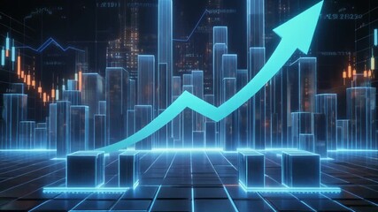 Futuristic Digital Cityscape with Upward Trend Arrow and Stock Market Data Visualizations finance growth - Powered by Adobe