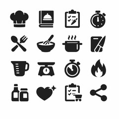 Kitchen tools and cooking icons including utensils, recipes, timer, and scale symbols