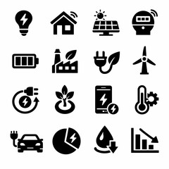 Sustainable energy icons: solar, wind, electric car, and eco-friendly technology symbols