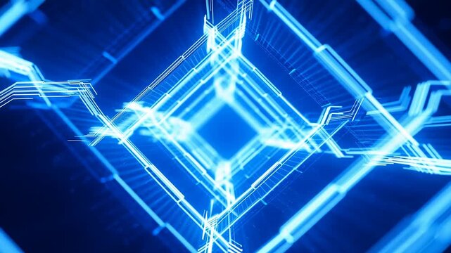 Stunning Abstract Visualization of a Geometric Structure in Vibrant Blue Light with Dynamic Lines Creating a Futuristic Aesthetic and Depth Perception