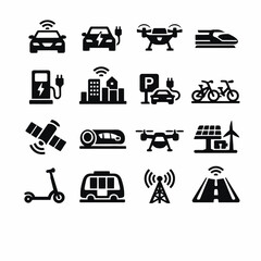 Innovative urban transportation icons: electric, autonomous, sustainable technologies