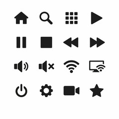 Set of 16 multimedia control icons in simple black design