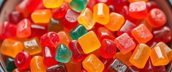 Colorful assorted gummy candies in a bowl, close-up,   food photography,   colorful background