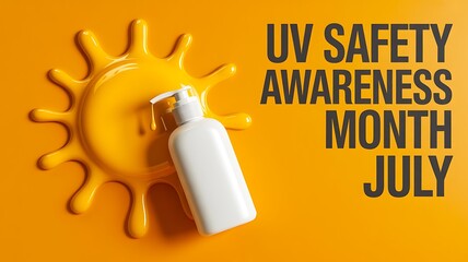 Uv safety awareness month in july with sunscreen bottle and sun concept
